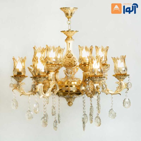 لوستر-آرامیس-بزرگ-۱۲-شعله لوستر آرامیس بزرگ ۱۲ شعله سفید طلایی - Image 1